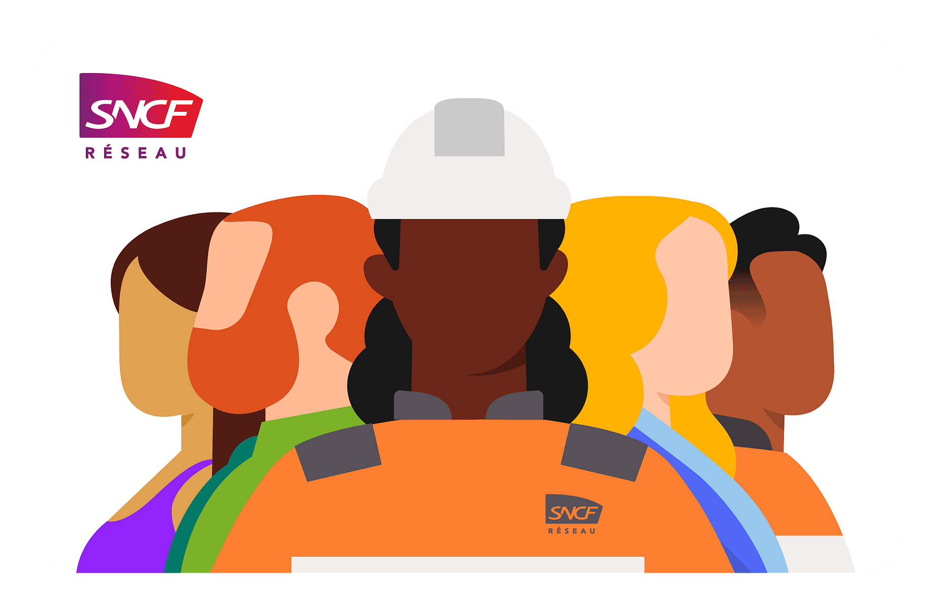 Bustes de femmes et d'hommes employés chez SNCF Réseau, travaillant à la maintenance des voies ferrées, la sécurité des voyageurs, le développement de l'entreprise. ©ClemenceThune 