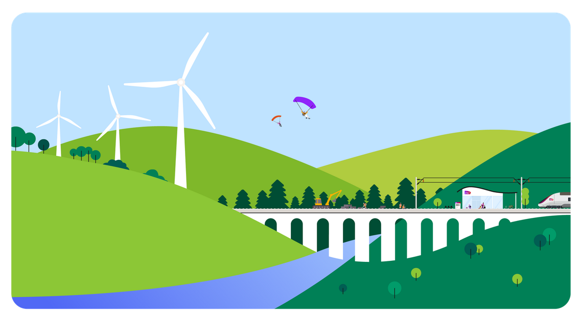 A green landscape, wind turbines, a bridge and hills are represented. All in all, an eco-friendly atmosphere.