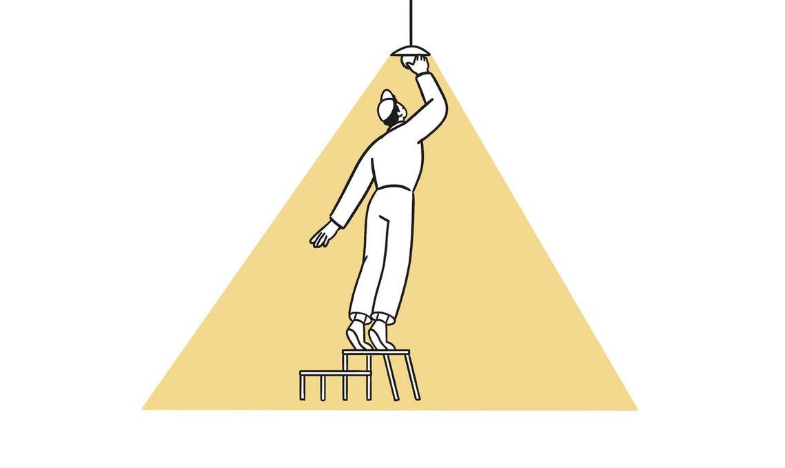 Scène graphique minimaliste : bricoleur sur escabeau, ampoule projetant un faisceau lumineux stylisé