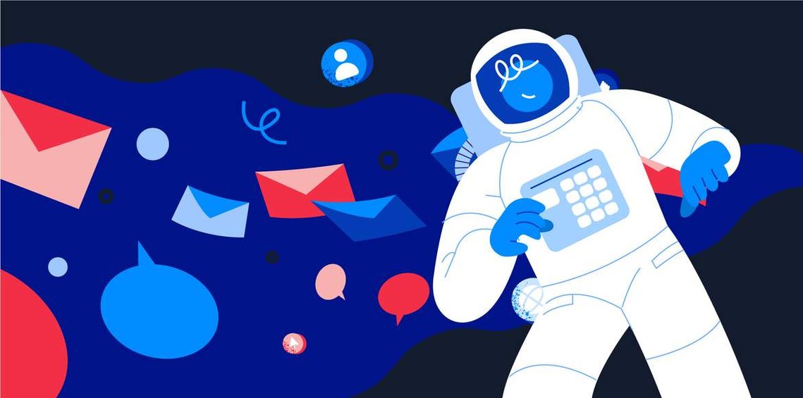 A flat-designed, minimalist astronaut character floats weightlessly in space. Behind them, a trail and various visual elements follow their movement, accentuating the serene and otherworldly atmosphere.