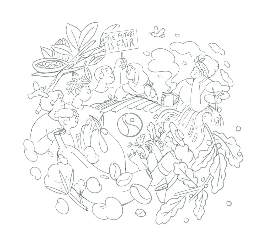 Sketch of a 1st proposal for MaxHavelaarFrance 2024 wishcard. Circular composition with consumers and producers gathered around land and river in a warm atmosphere. Logo is in the center.