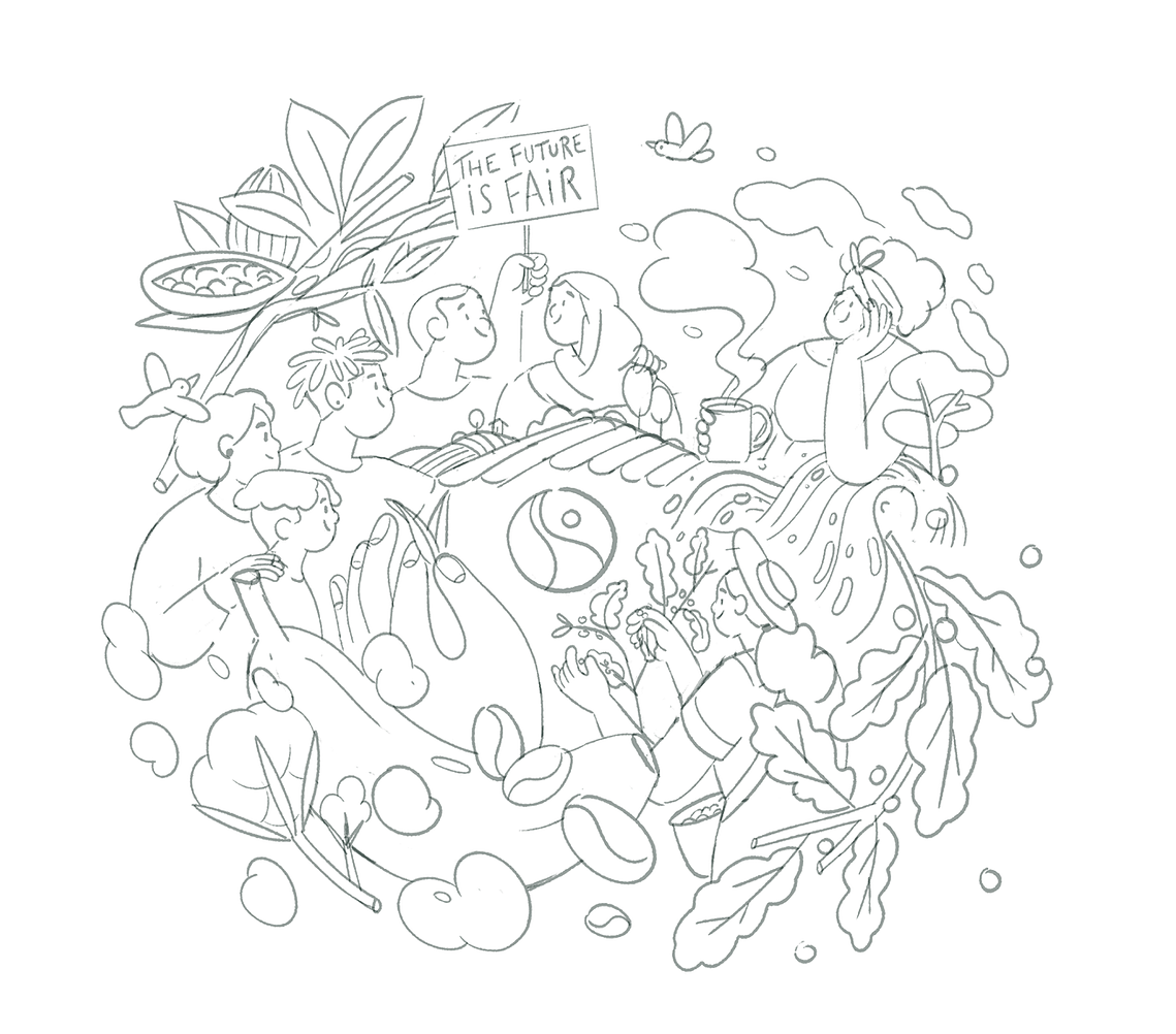 Sketch of a 1st proposal for MaxHavelaarFrance 2024 wishcard. Circular composition with consumers and producers gathered around land and river in a warm atmosphere. Logo is in the center.