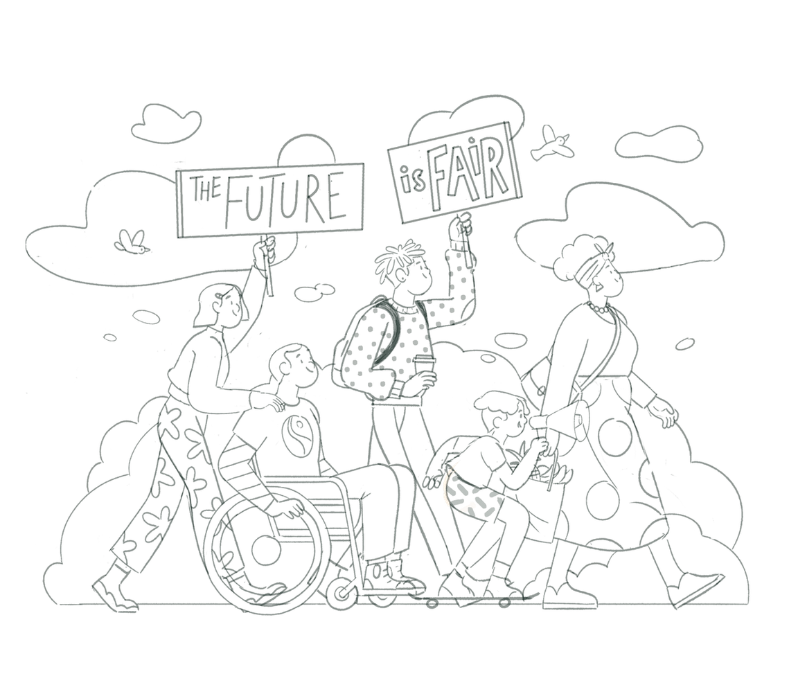 Sketch for 2nd proposal. 5 people marching for fair future in a sunny day with flying birds and light clouds in the background.