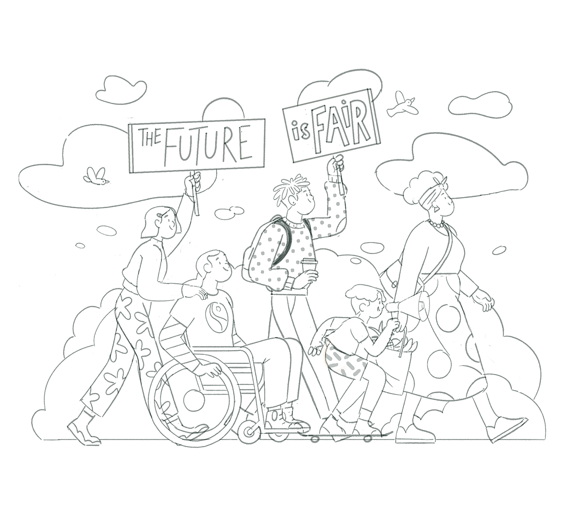 Sketch for 2nd proposal. 5 people marching for fair future in a sunny day with flying birds and light clouds in the background.