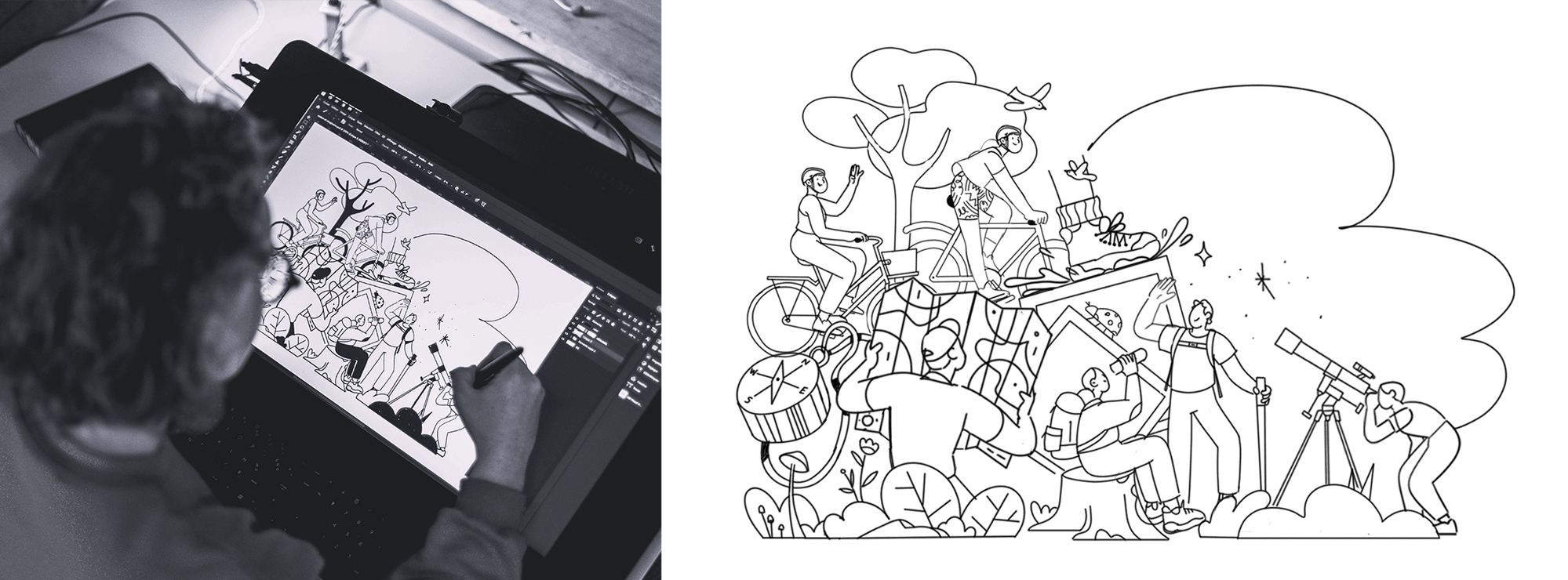 On the left, a photo of Clemence Thune creating on her Wacom graphics tablet. On the right we see what she's drawing. 