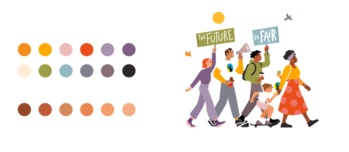 color palette and final illustration for MaxHavelaar France 2024 wish card. Warm colors illustrate the warm atmosphere associated to a fair future
