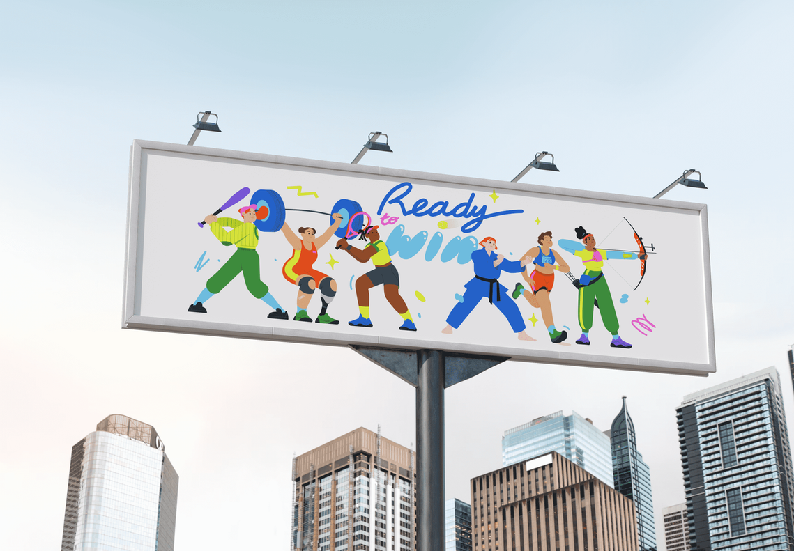 A vibrant outdoor city mockup showcasing an empowering illustration of diverse Olympic athletes from various sports, promoting unity and inclusivity in sports.