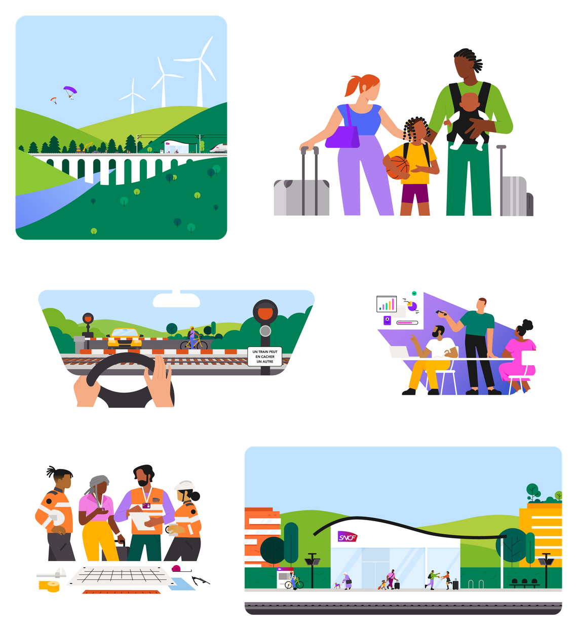 A panel of illustrations created for SNCF Réseau. Characters and scenery are represented in vivid colors.