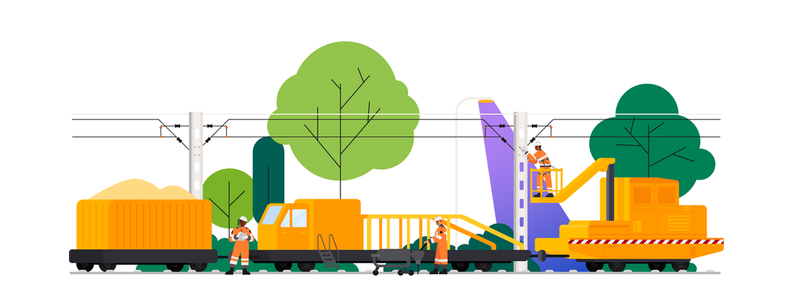 Maintenance of catenary.Women and men with safety workwear. Minimilastic background