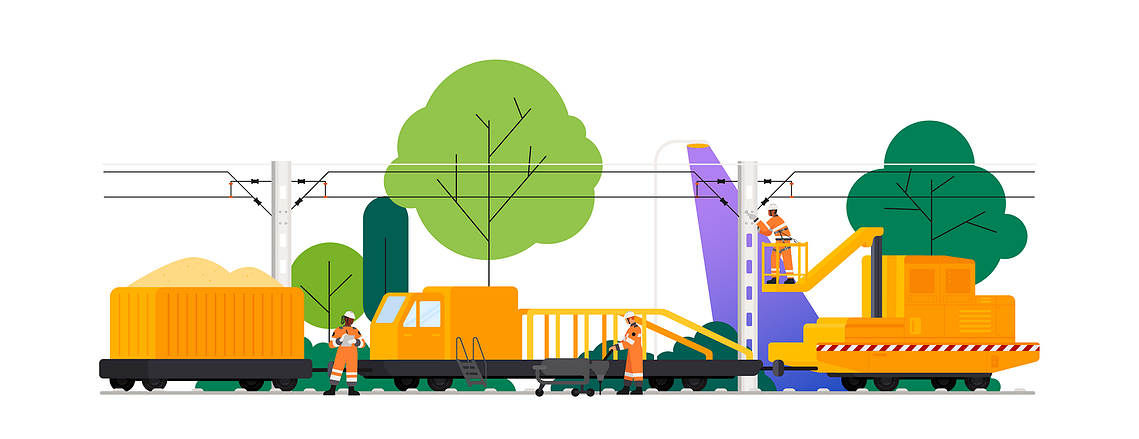 Maintenance of catenary.Women and men with safety workwear. Minimilastic background