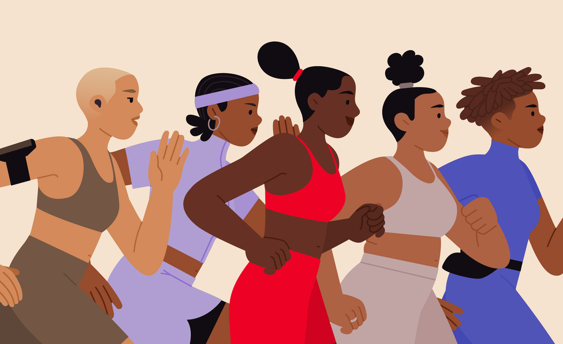 Vibrant flat design illustration of diverse women in sportswear running together. Inspiring unity and motivation for your sport and health projects. #womenillustration #diversity #womenrunning