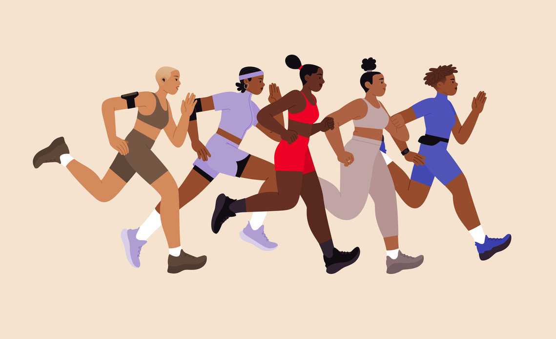 Sport illustration that evokes running & sportswear. A group of five women run together in the same direction. Motivated to maintain their physical and mental health, friendship & well-being.