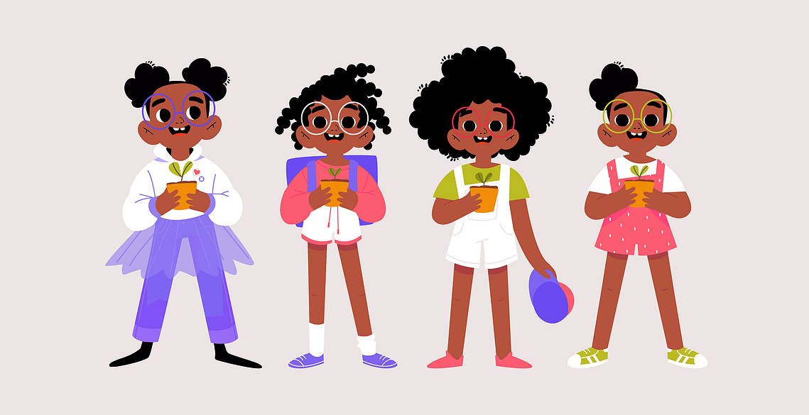 Character design exploration: four versions of Mia showcasing different hairstyles, outfits, and accessories, each capturing her joyful personality and garden-ready style.