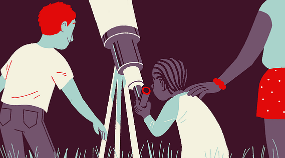 Black girl looks at the sky through a telescope. Her mother lies gentle hand on daughter's shoulder. White boy looks with care to the girl