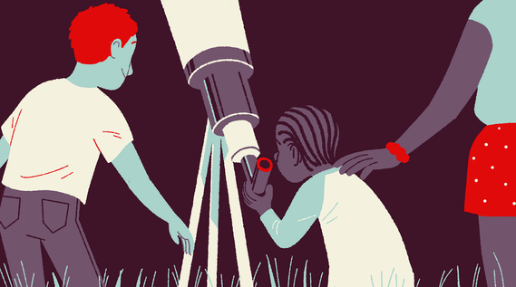 Black girl looks at the sky through a telescope. Her mother lies gentle hand on daughter's shoulder. White boy looks with care to the girl