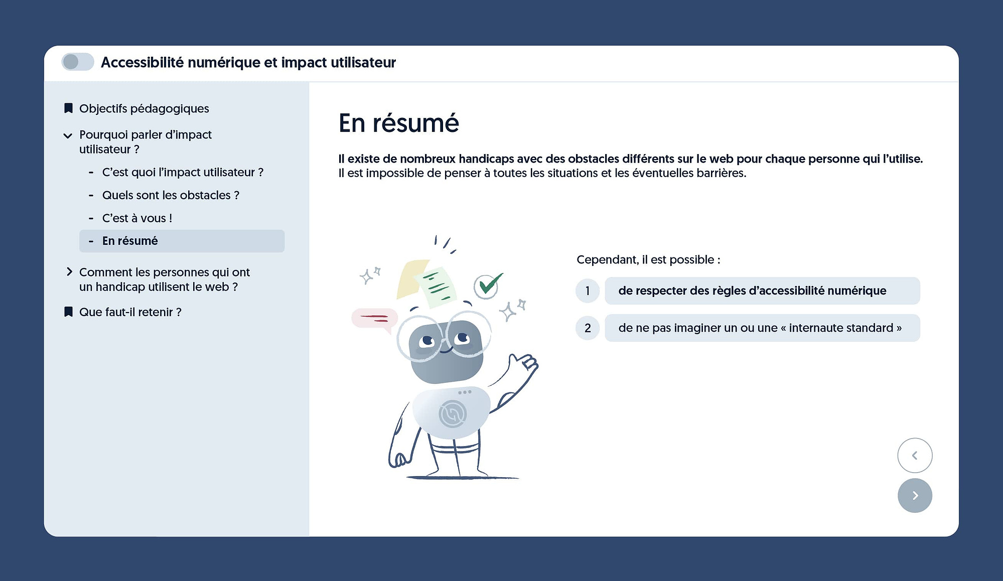 Interface de formation : mascotte indiquant les réponses possibles, éléments graphiques conversationnels en suspension