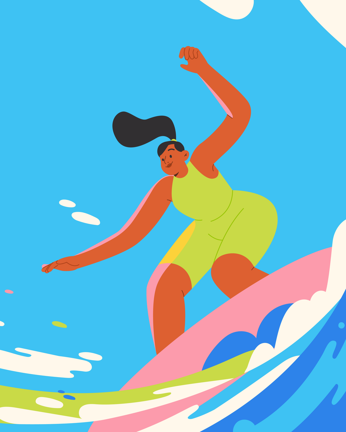 Close-up on dark-haired light-brown woman surfing a pink board by a bright blue sky and energetic wave. She wears a lemon green suit.