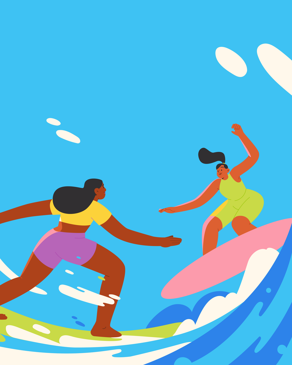 Two surfers smiling at each other enjoy themselves riding a refreshing wave. Surfboards are green and pink, on a big blue wave under a bright blue sky.