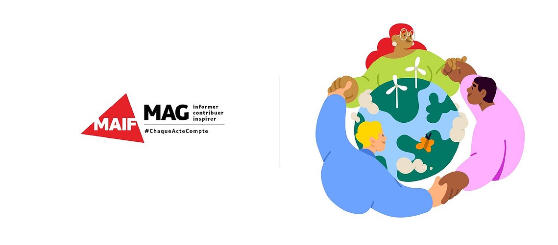 Illustration éditoriale MAIF Mag : représentation inclusive de personnages unis autour de la Terre, dans une composition chaleureuse et bienveillante
