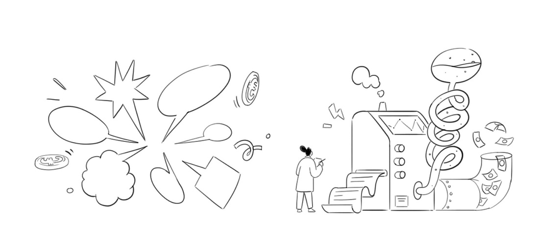 Croquis narratif : dialogue animé entre bulles de conversation, processus administratif transformé en usine à billets