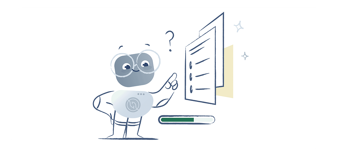 Mascotte en pose assurée, désignant des interfaces digitales d'une main