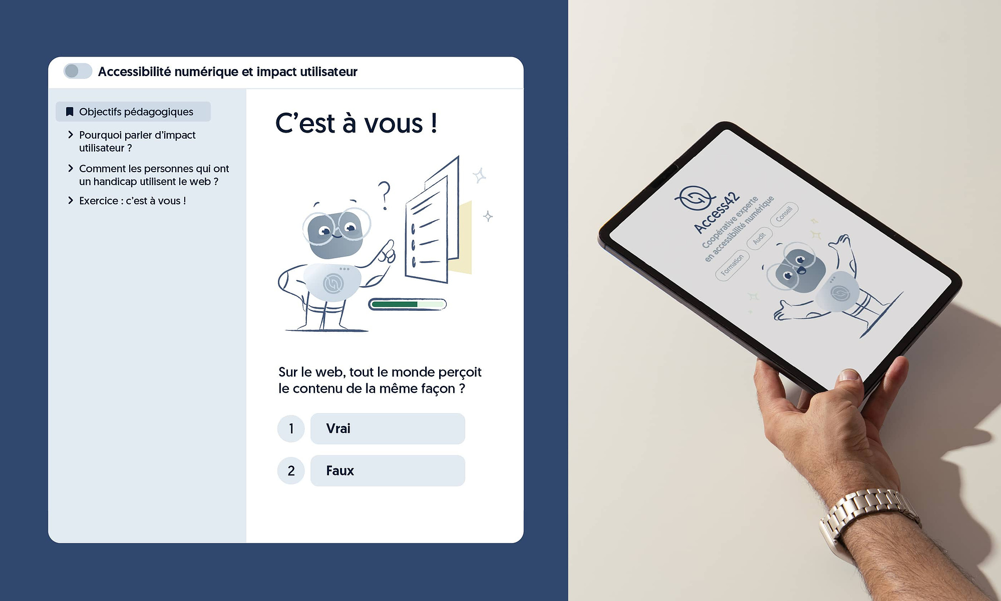 Interface utilisateur d'un module de formation et visualisation sur iPad : deux contextes d'utilisation de la mascotte