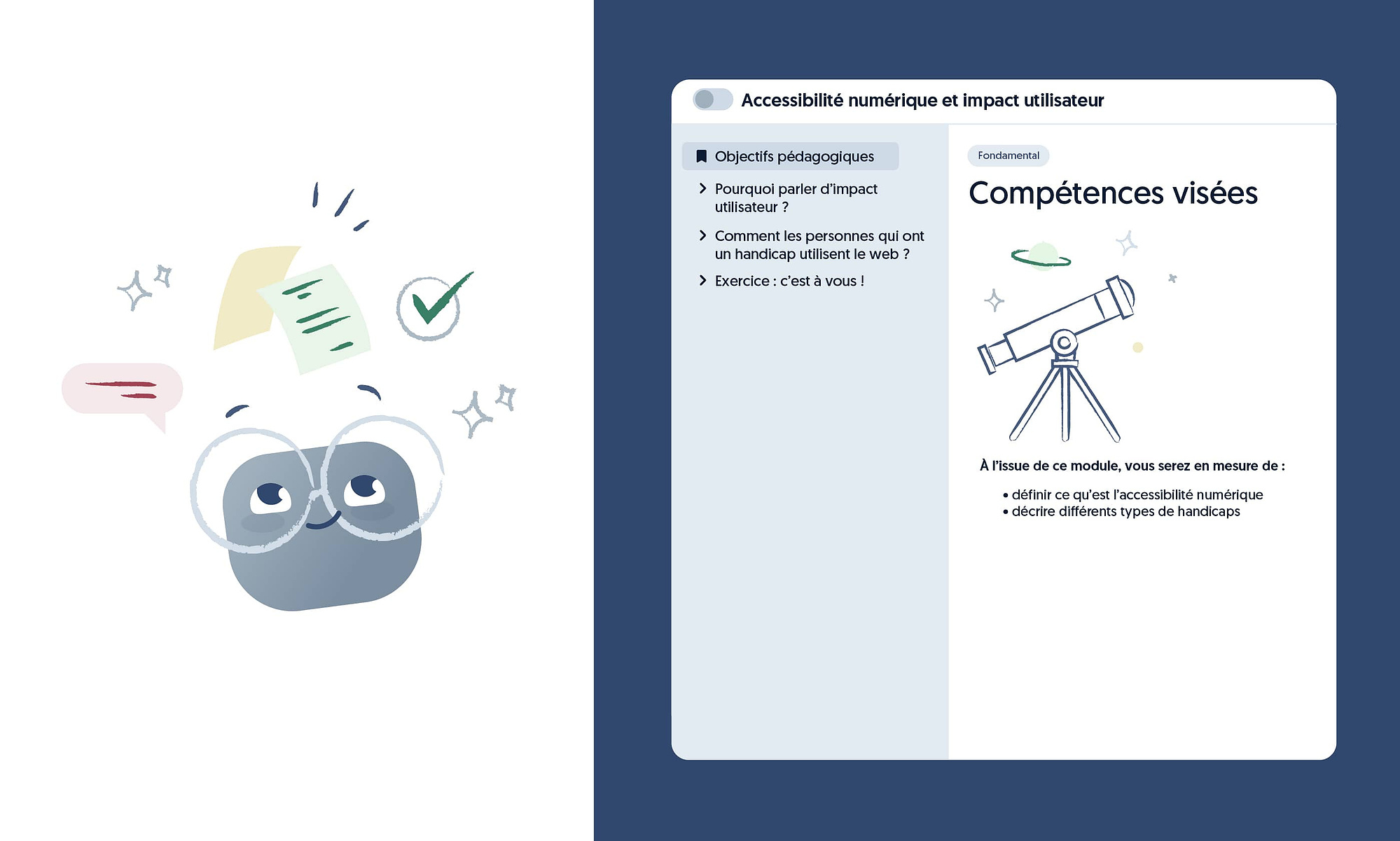 Mascotte avec éléments graphiques et interface intégrant un télescope pour améliorer l'expérience utilisateur grâce à l'illustration