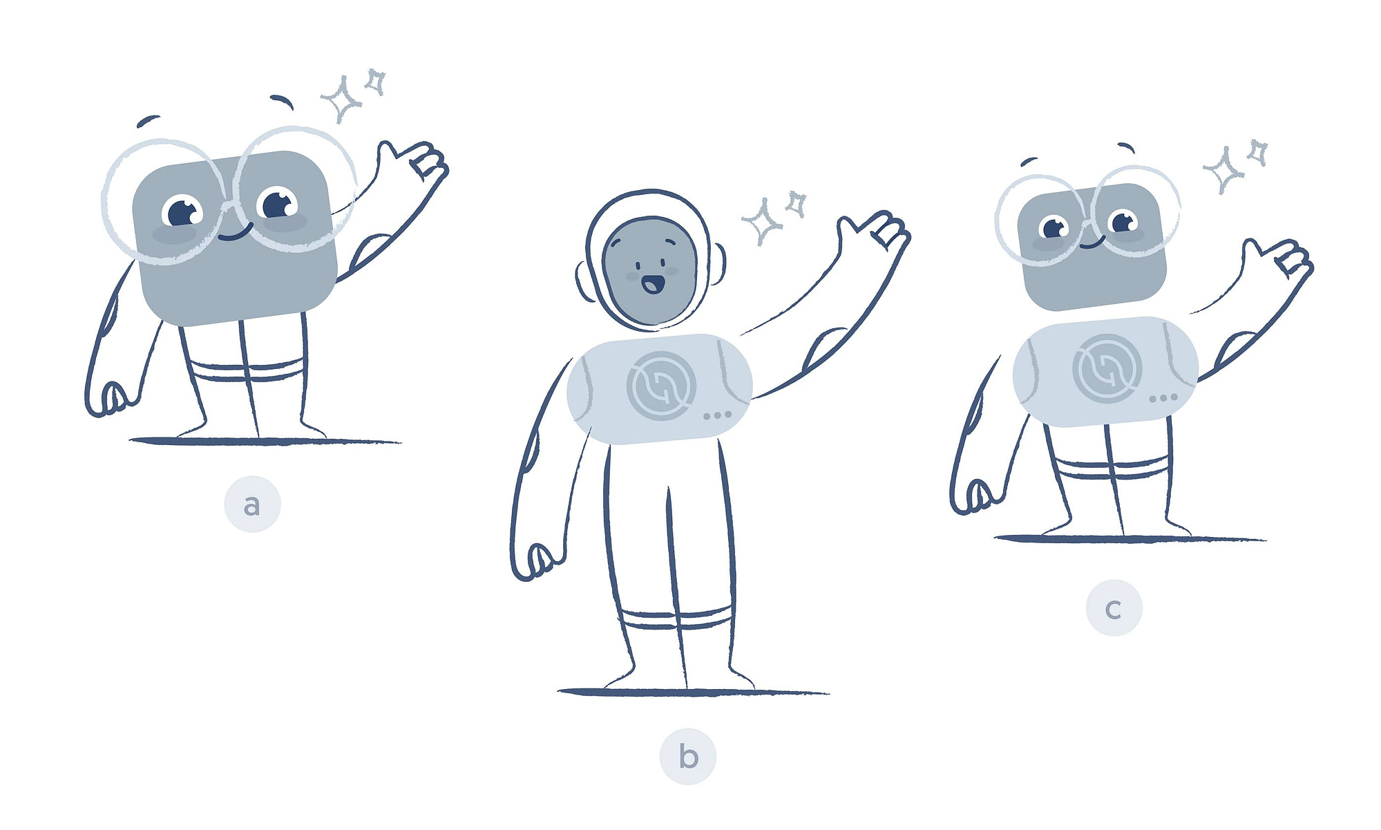 Trois concepts de mascotte : version cubique, humanoïde et hybride robot-humain avec logo sur le plastron