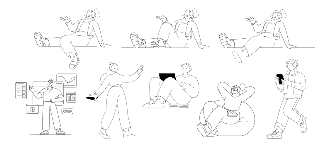 Esquisses dynamiques de personnages en dessin numérique au trait brut, réalisées dans Adobe Illustrator, style créatif contemporain et expressif