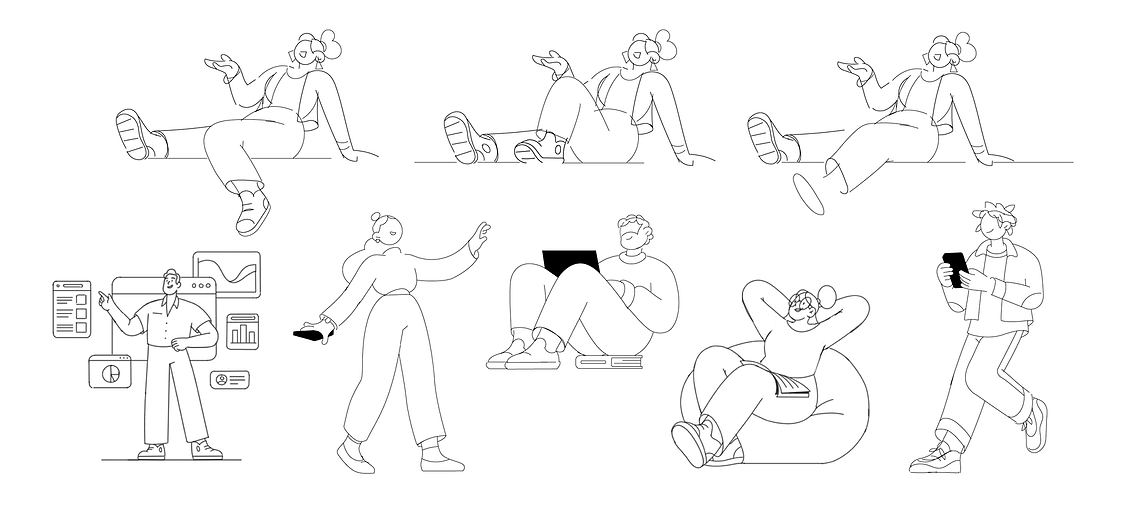 Esquisses dynamiques de personnages en dessin numérique au trait brut, réalisées dans Adobe Illustrator, style créatif contemporain et expressif