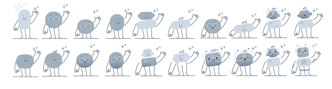 Recherches et croquis préliminaires : vingt variations de la mascotte explorant différents styles et expressions