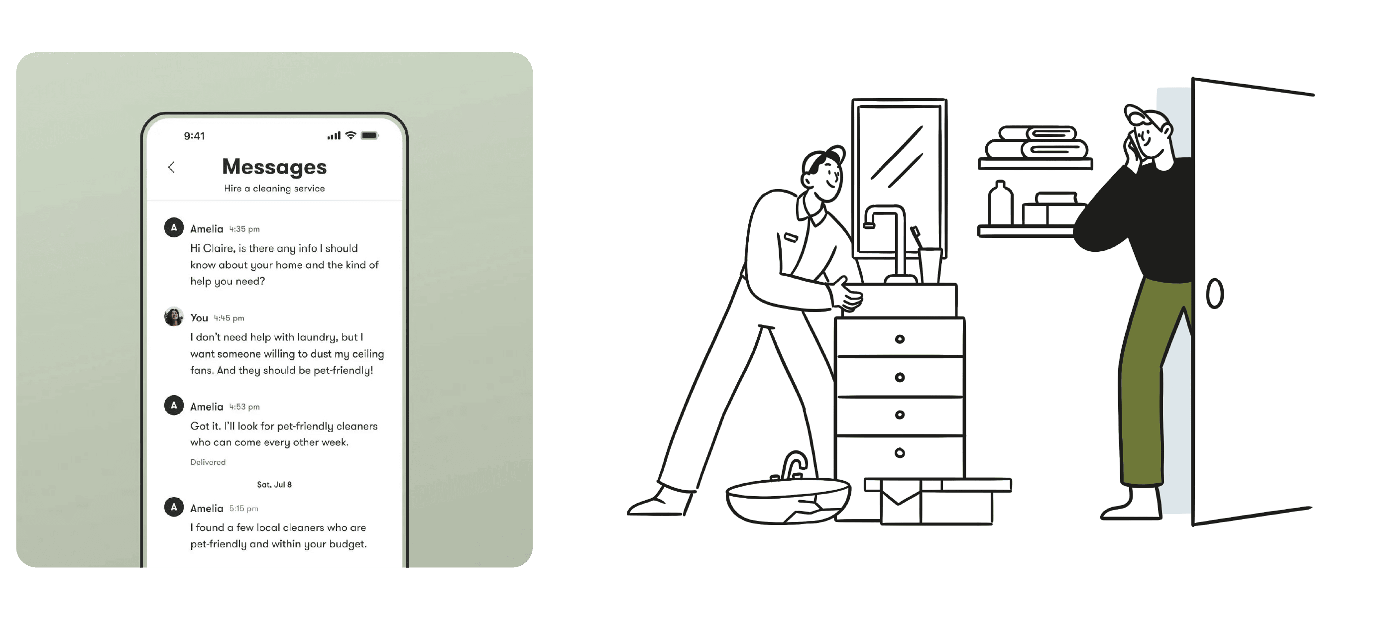 Design narratif : scène de service sereine entre plombier et client, contextualisée aux côtés de l'interface app