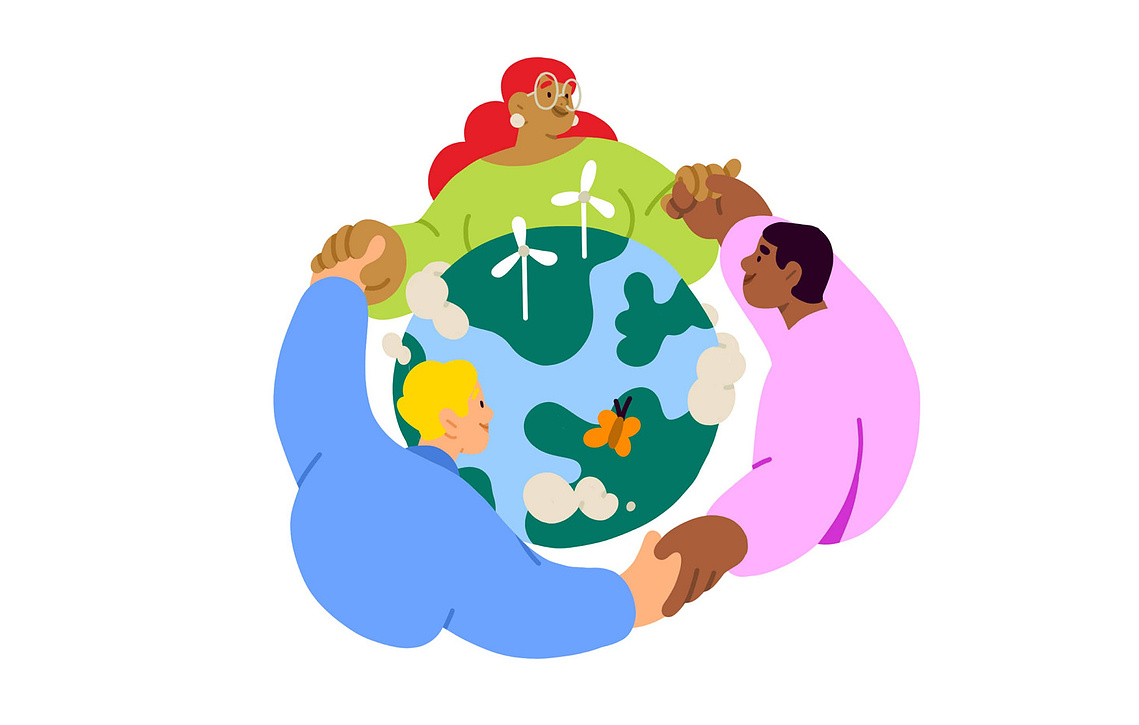 Scène environnementale : ronde de personnages se tenant la main autour de la Terre, symboles de l'écologie, de la diversité et atmosphère positive