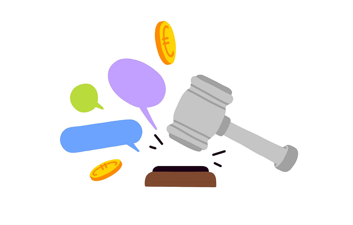 Style pop et dynamique : marteau de justice en action, explosion graphique de bulles et monnaie