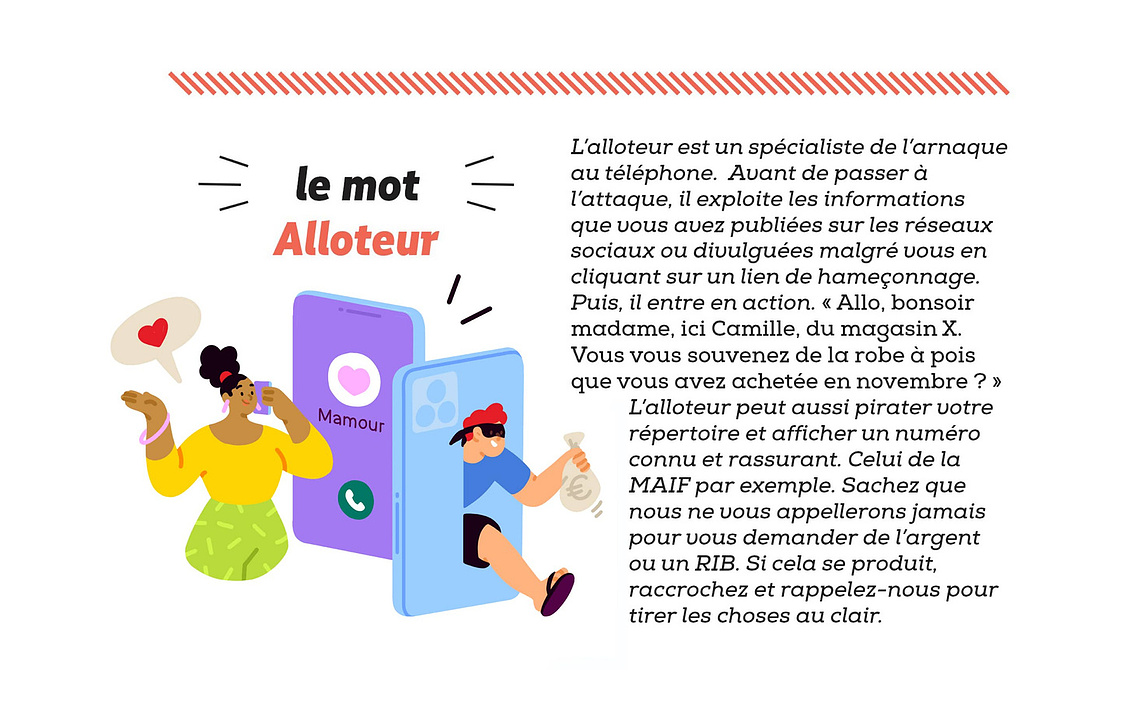 Prévention des fraudes téléphoniques : scène d'arnaque traitée avec fraîcheur, personnages divers aux tons d'été
