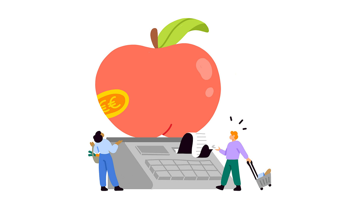 Jeu d'échelle pop : fruit démesuré sur balance, réaction des petits personnages face au prix excessif, ton humoristique