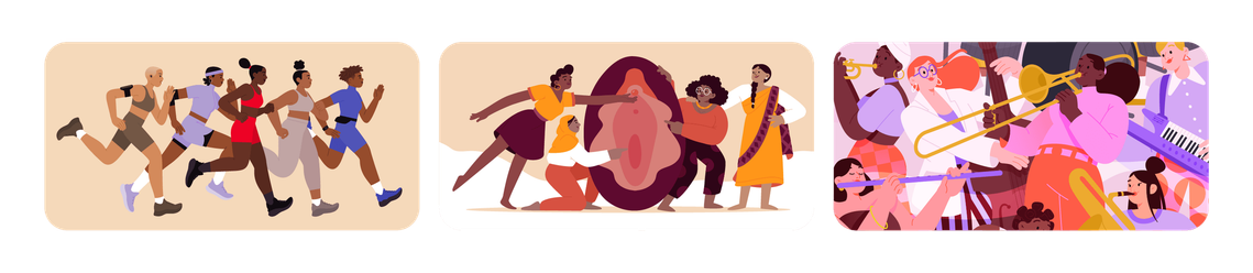 3 illustrations by Clemence Thune as moodboard for MaxHavelaar France 2024 wishcard. Women with attitude and warm colored illustrations