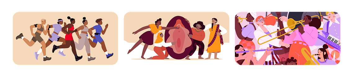 3 illustrations by Clemence Thune as moodboard for MaxHavelaar France 2024 wishcard. Women with attitude and warm colored illustrations