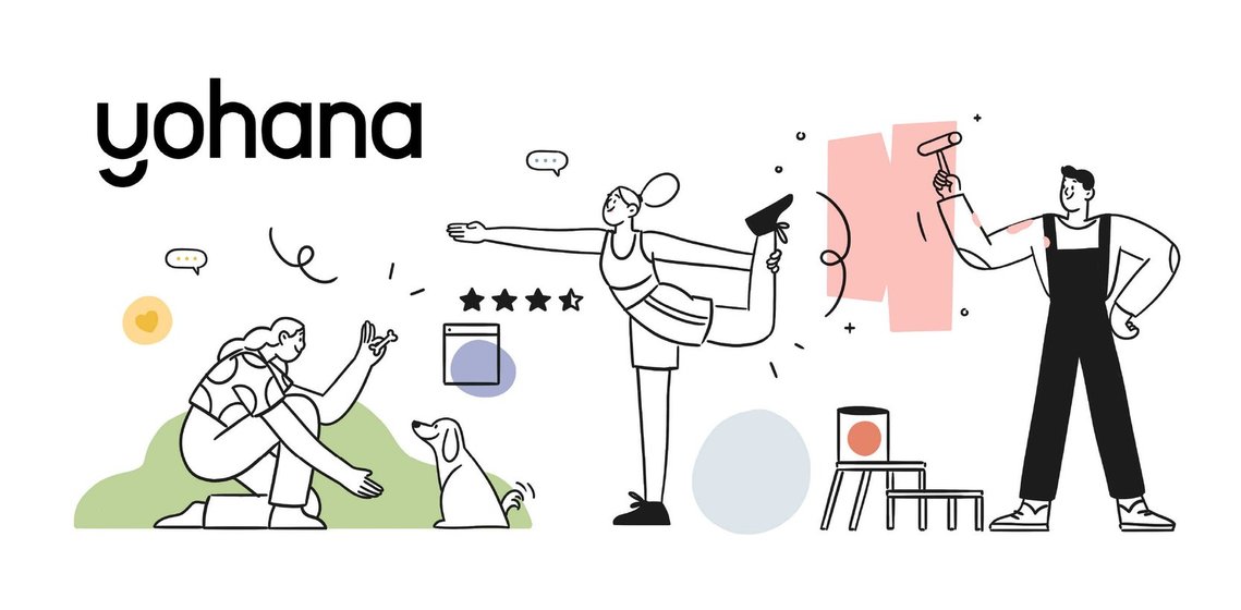 Illustration minimaliste de personnages actifs : scènes de vie quotidienne au trait fluide et formes abstraites colorées