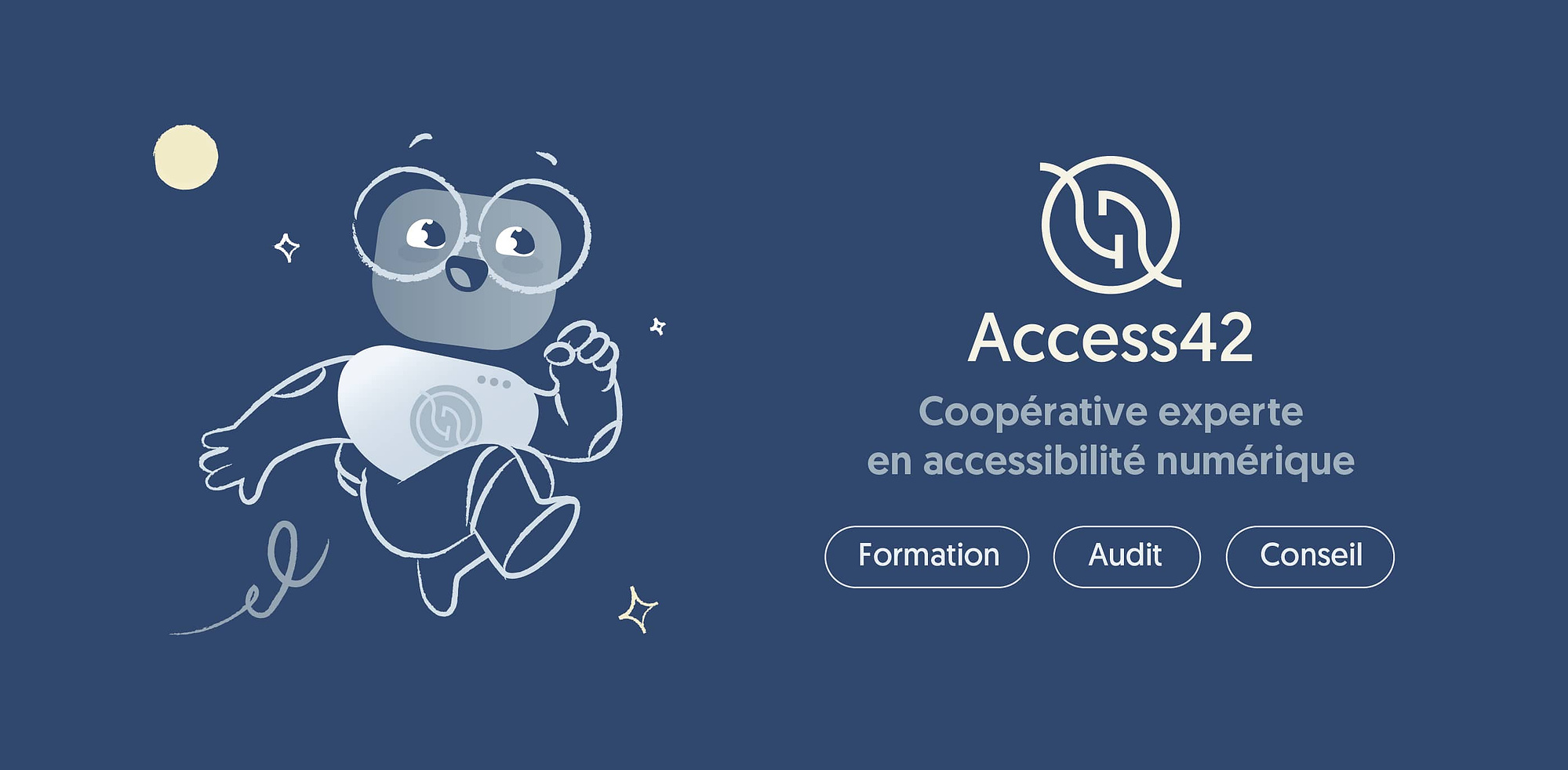 Mascotte Ally bondissante en tenue de cosmonaute aux traits texturés, accompagnée du logo Access42
