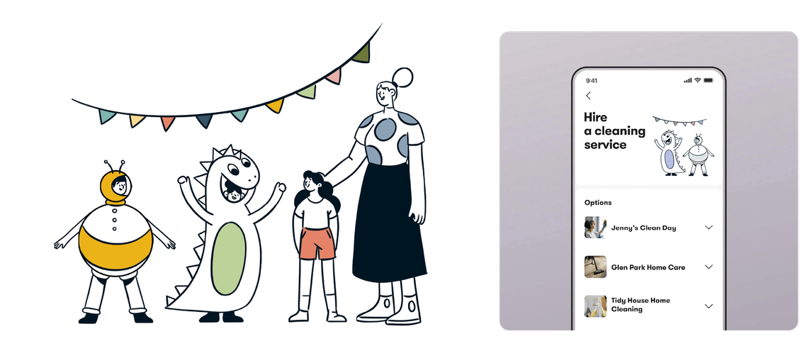 Scène illustrée d'enfants et adulte en contexte UI, fusion entre dessin expressif et design d'interface