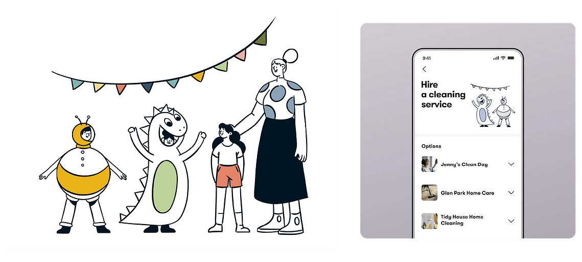 Scène illustrée d'enfants et adulte en contexte UI, fusion entre dessin expressif et design d'interface