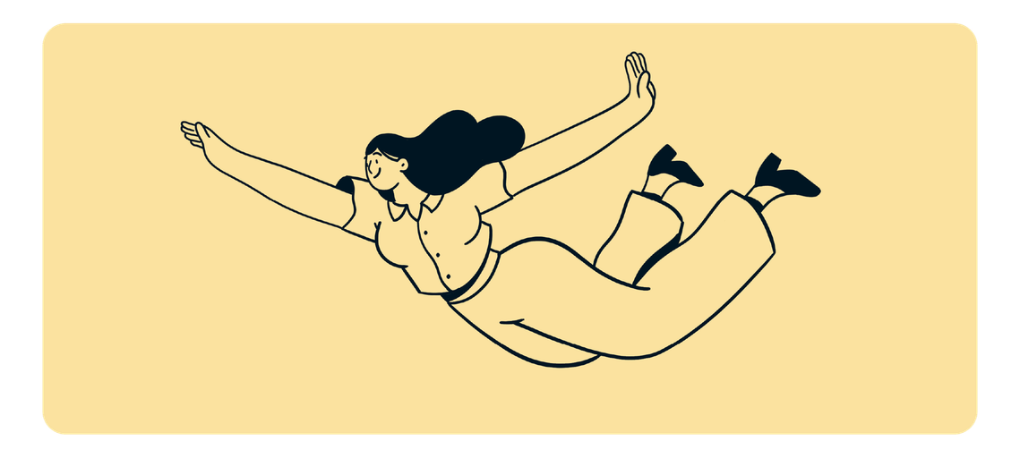 Illustration expressive d'un personnage en vol, symbolisant liberté et confiance dans le parcours et l'expérience utilisateur de l'app Yohana