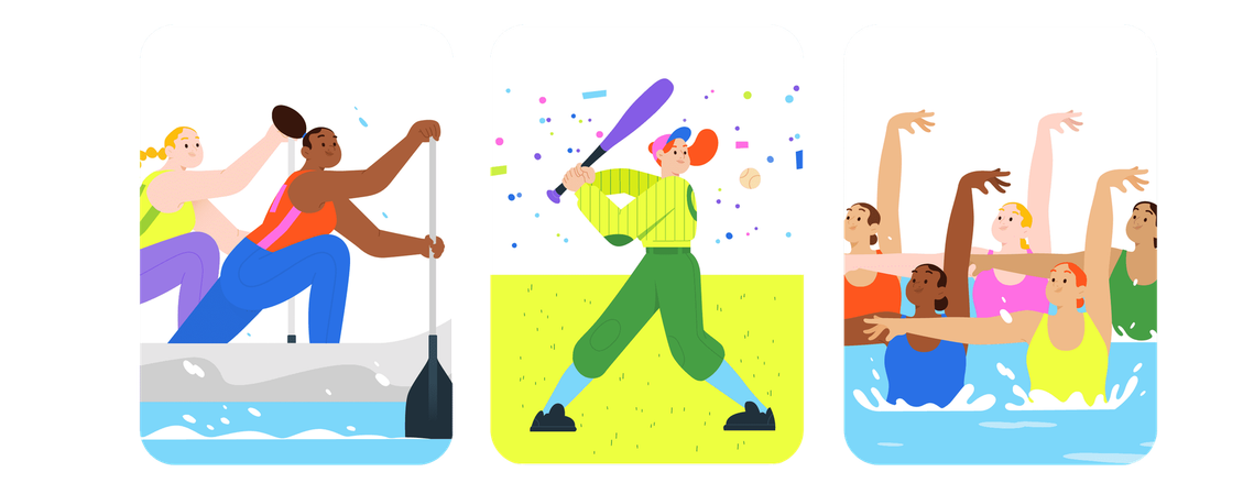  A composite colorful illustration showcasing three sports: a black and a white woman competing in canoe sprint, a focused baseball player, and a group of synchronized swimmers performing together.