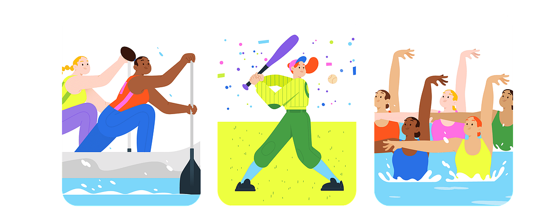  A composite colorful illustration showcasing three sports: a black and a white woman competing in canoe sprint, a focused baseball player, and a group of synchronized swimmers performing together.