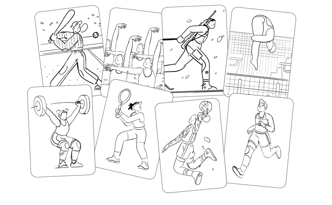 Sketches reveal the creative process behind diverse athlete illustrations.