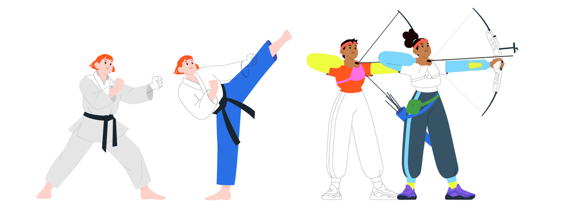 A collage of graphic experiments showcasing the design process for the  taekwondo and archery character design athletes.