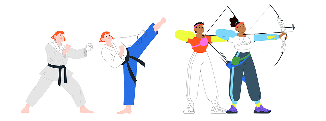 A collage of graphic experiments showcasing the design process for the  taekwondo and archery character design athletes.