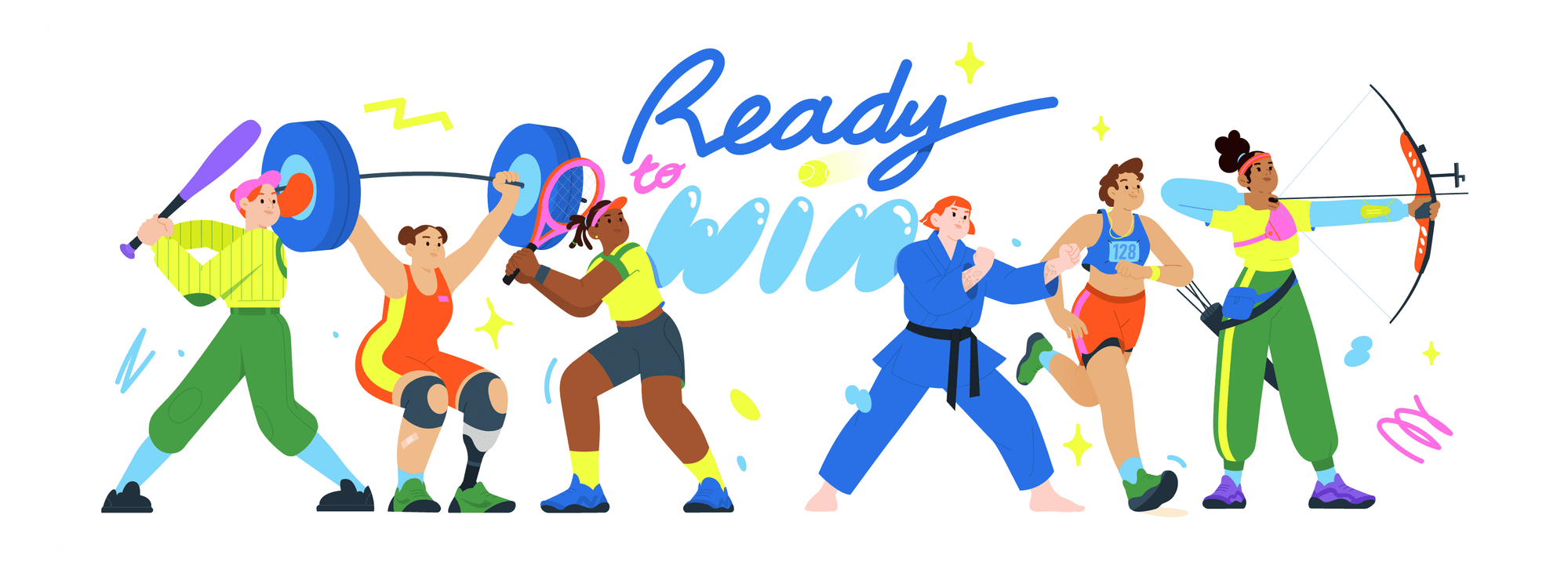A diverse group of female and non-binary athletes in vibrant sportswear performs various sports, including baseball, weightlifting, tennis, taekwondo/karate, long-distance running, and archery.