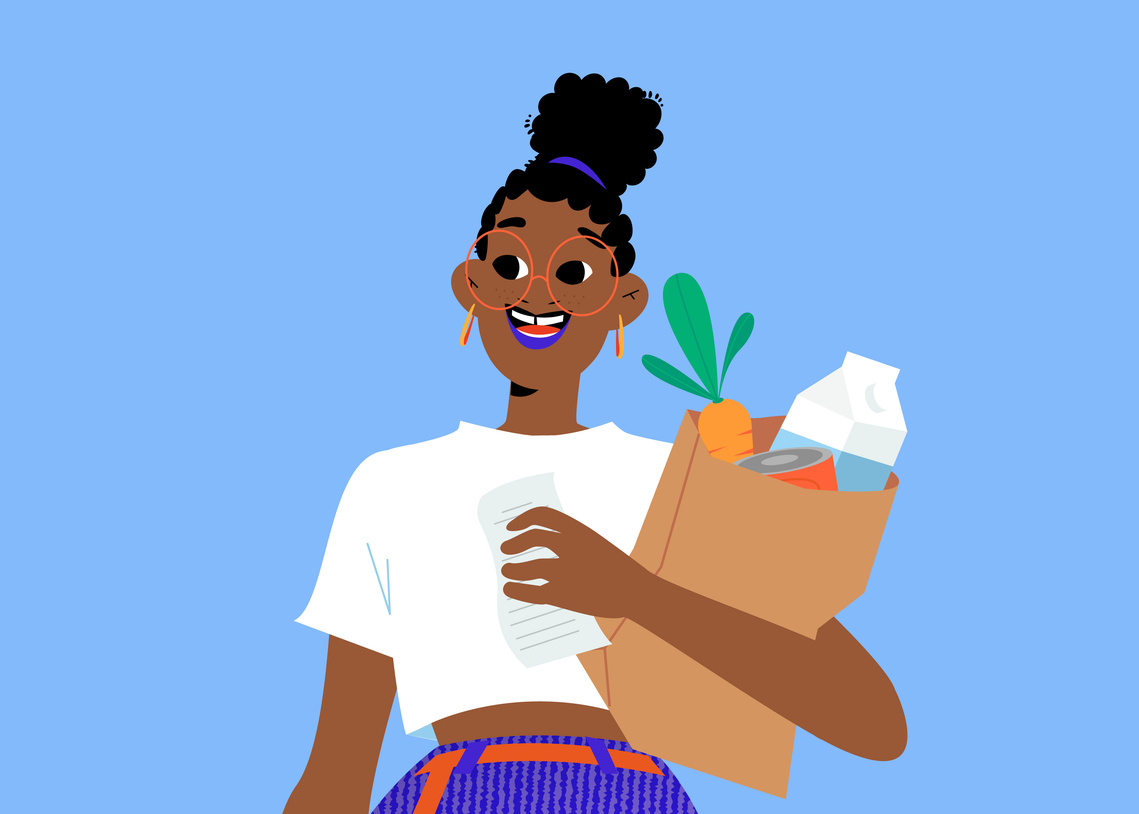 Close-up of 2D young black woman with grocery bag